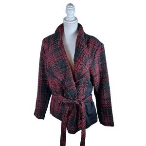 Lane Bryant Belted Red Plaid Tweed Open Jacket